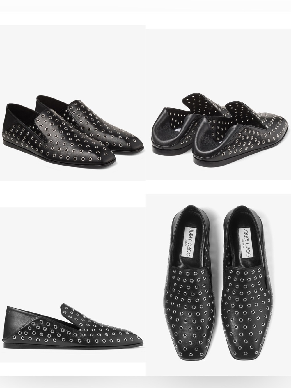 Jimmy Choo Eliot Slipper Black Metallic Nappa Leather Slippers with Eyelets